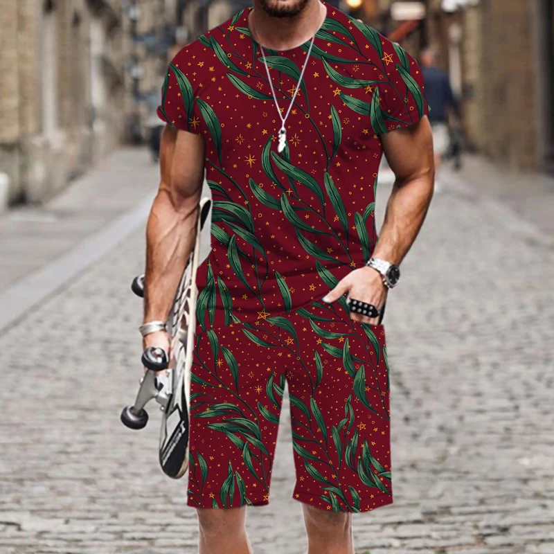 

Men's T-shirt Shorts Set Cool Plant Flowers Pattern Swimming 3D Printed Elastic Waist Streetwear Mens Clothing Beach Swimsuit