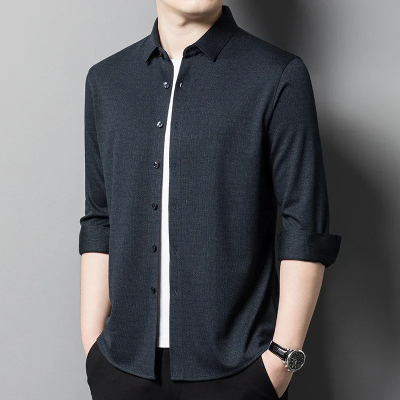 Seamless Wool Men's Dress Shirts Luxury Solid Color Long Sleeve Business Casual Single Breasted Male Shirts Plus Size 4XL