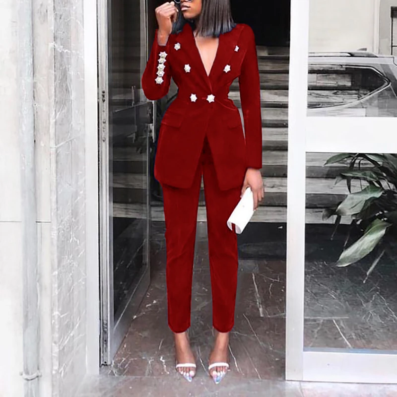 

Autumn Solid Color Commute Velvet Set Fashion V Neck Long Sleeve Blazer Set Elegant Spring High Street Business 2pc For Women