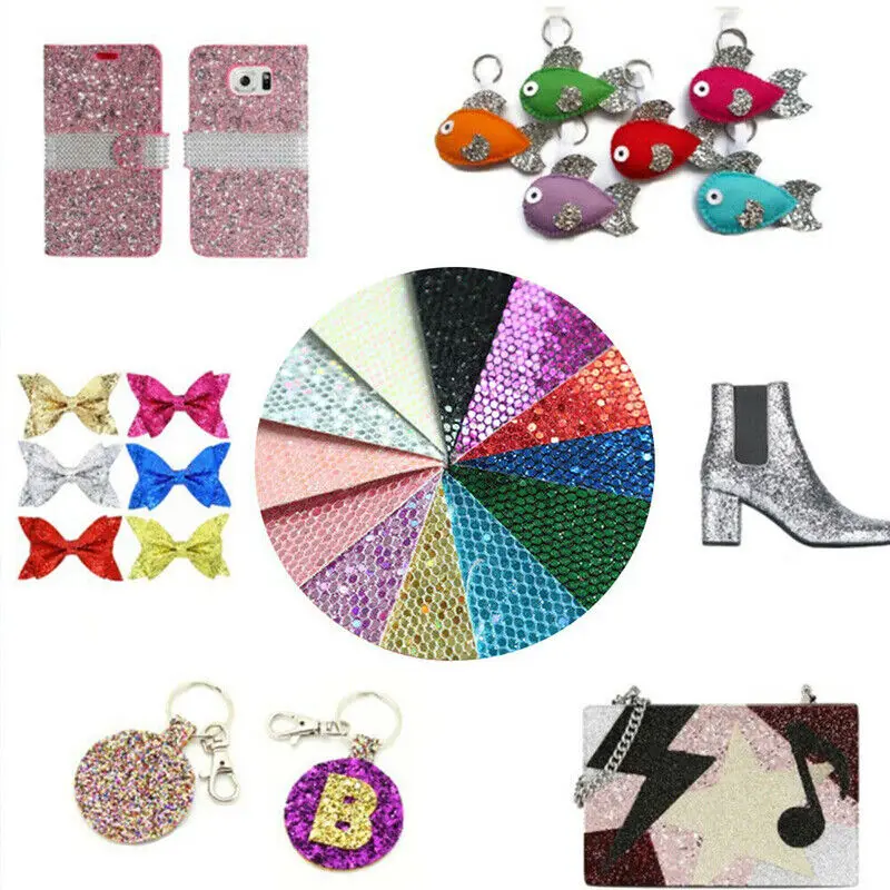 Self Adhesive Glitter Fabric Leather Back Stick for Handmade Earring Shoes Decor Material Upholstery 7.8in x 5.9in 7pcs Bundle
