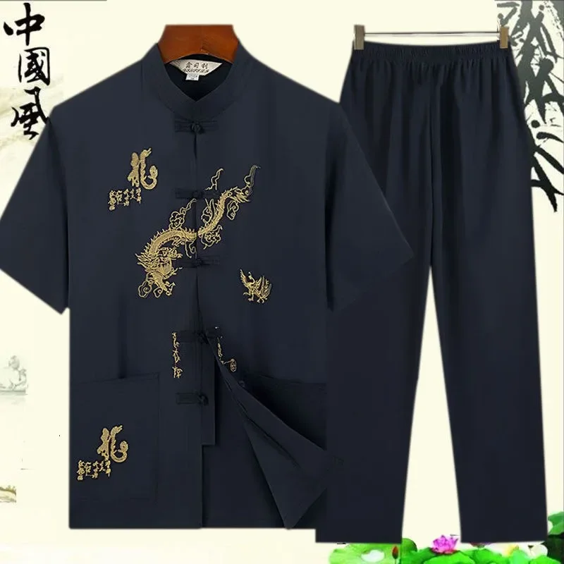 

Traditional Chinese Men Embroidery Tang Suit Short Sleeve Taichi Uniform Cotton Dragon Wushu Clothing Loose Male Kung Fu Shirt