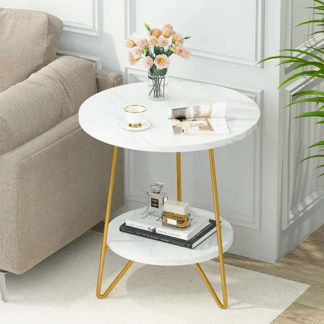 Tribesigns Table d'appoint ronde en faux marbre à 2 niveaux avec étagères Petite table d'appoint basse pour salon, blanc et or 1