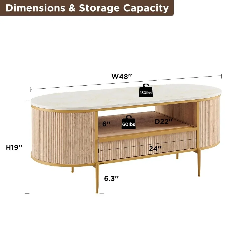 Modern Luxury Fluted Coffee Table, 48" Oval Coffee Table with Drawer, Faux Marble Top, Curved Profile Design, Gold Metal Decor