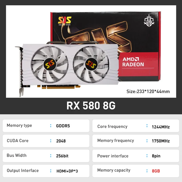SJS Video Card RX 580 8G 256Bit 2048SP GDDR5 AMD GPU Graphics Cards Gamer RX580 Radeon 8GB Mining Gaming Card placa de video 2
