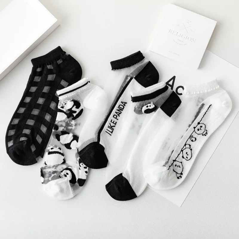 Черные женские блестящие шелковые носки с рисунком панды, сексуальные кружевные сетчатые носки-лодочки до щиколотки, летние носки, 1 пара