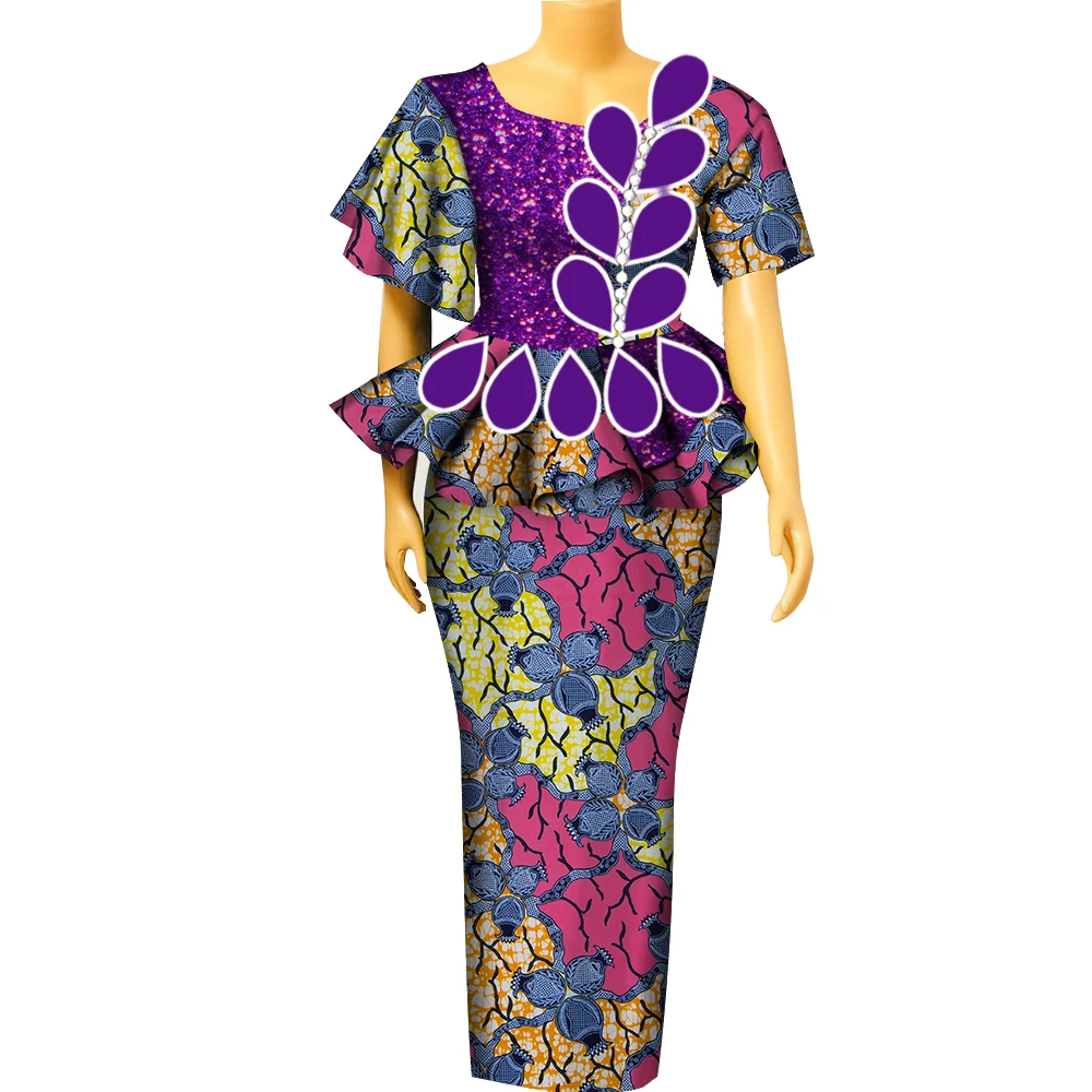 BintaRealWax 여성용 아프리카 투피스 세트, Dashiki 물방울 패턴 아프리카 의류, 파티용 바진 레이디 의류, YF104