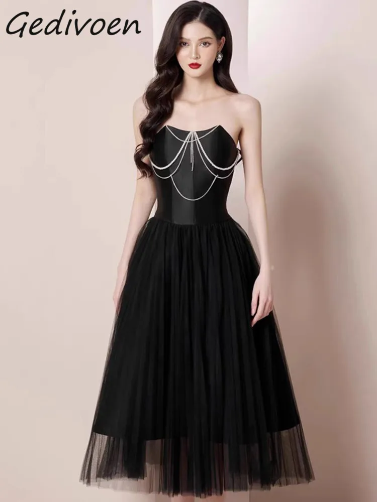 

Gedivoen Autumn Fashion Designer Luxury Sling Dress Women's Slash Neck Backless Beading High Waist Slim Mesh Spliced Long Dress