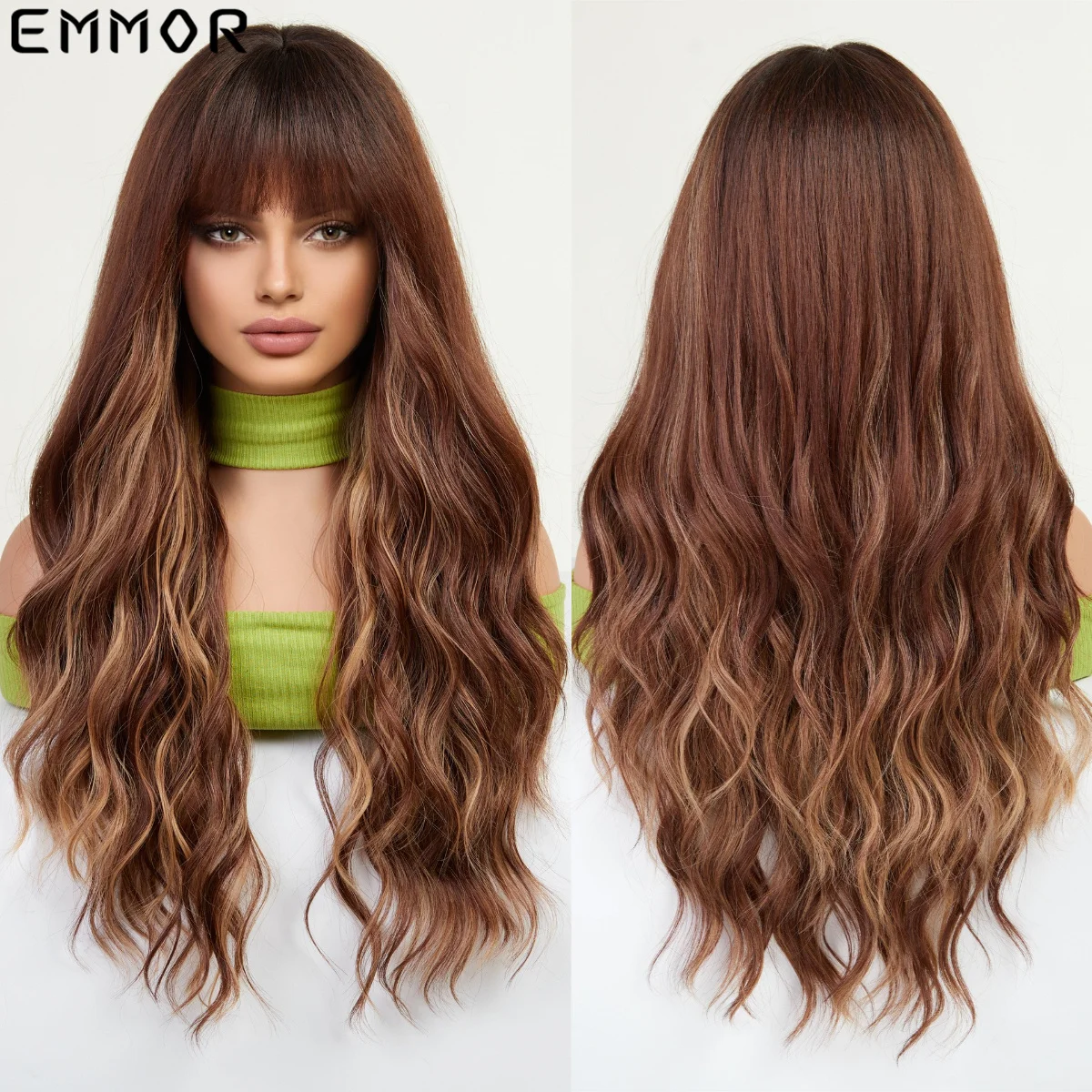 Emmor Brown Long Wave Wigs with Bangs for Women High Quality Synthetic Wig Cosplay Party Natural Heat Resistant Synthetic Hair