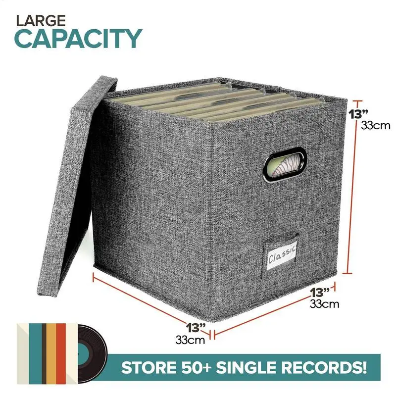 Vinyl Record Storage Box With Lid Handles Portable Folding LP Album Storage Box Organizer Supplies For More Than 50pcs Records