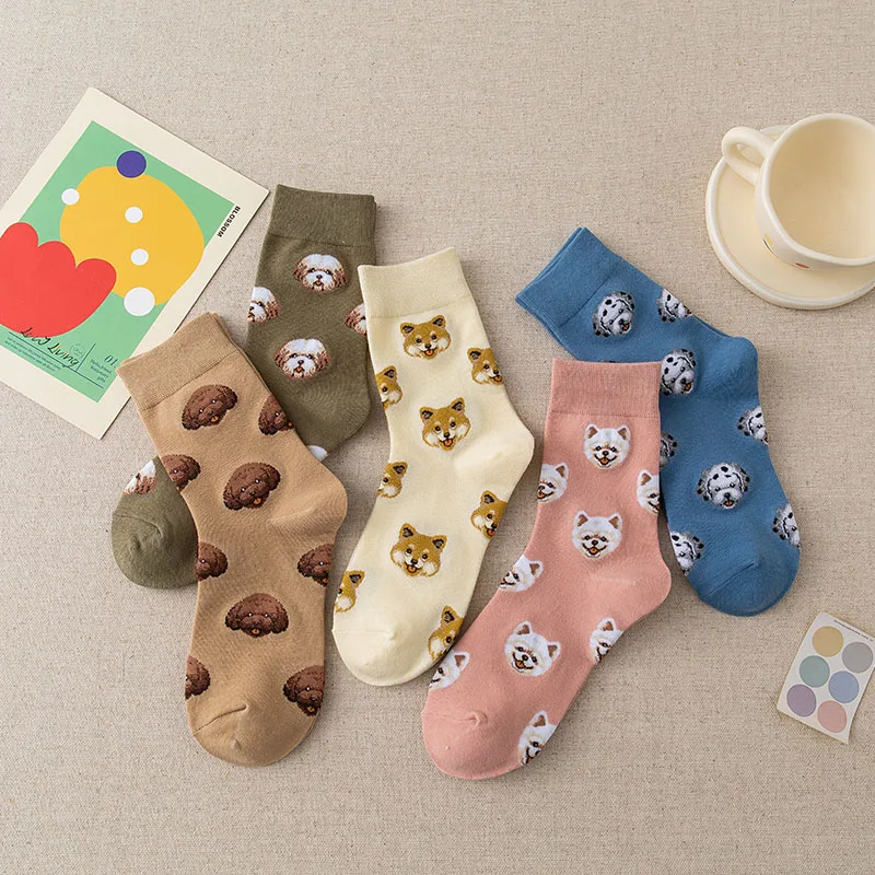 

New Women Socks Cartoon Dog Pattern Breathable Cotton Sock For Ladies Girls Fashion Simple Korea Calcetines