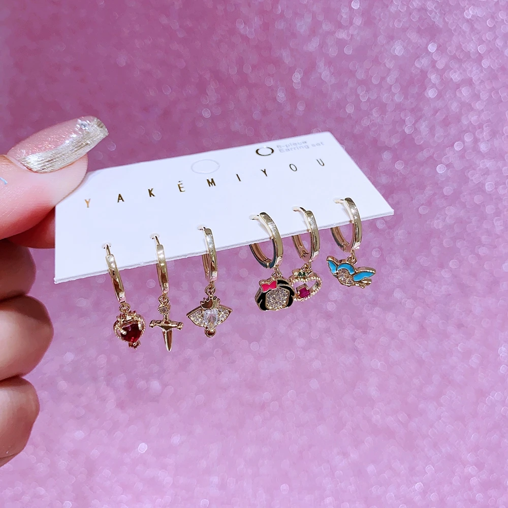 MIGGA 6pcs Lovely Snow White Villain Queen Dangle Earrings Set for Women Gold Plated Cubic Zircon Jewelry 2