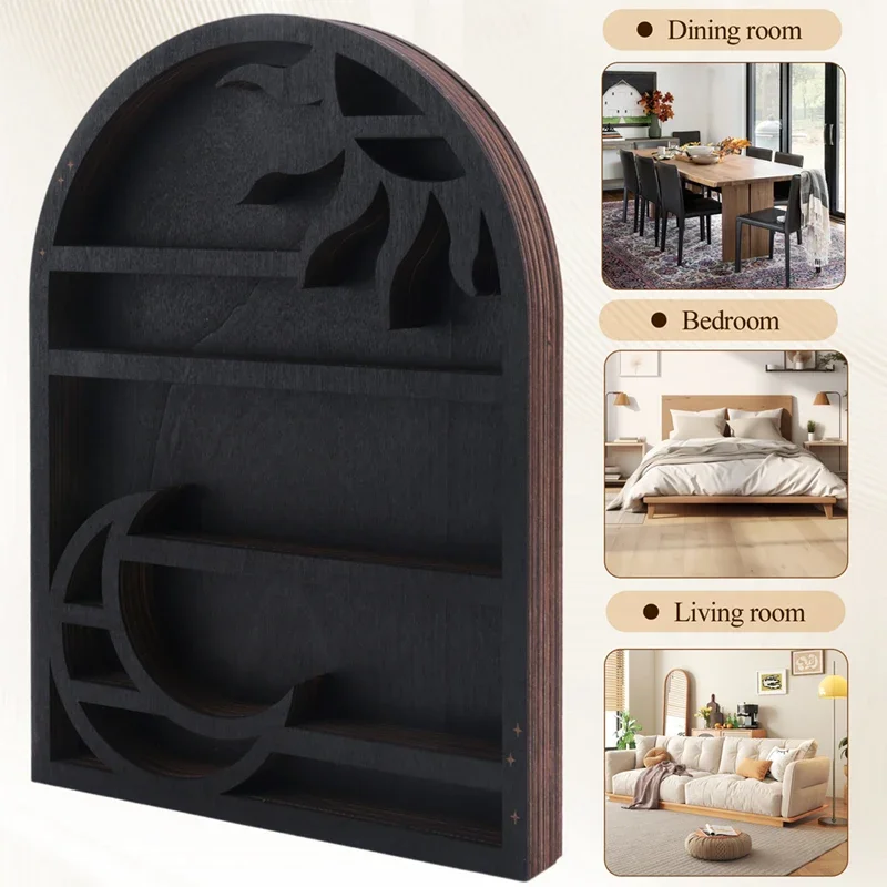 Stylish Wood Storage Shelf Wall Mounted Crescent Sun & Moon Crystal Design Practical Organizer for Home Decor 5