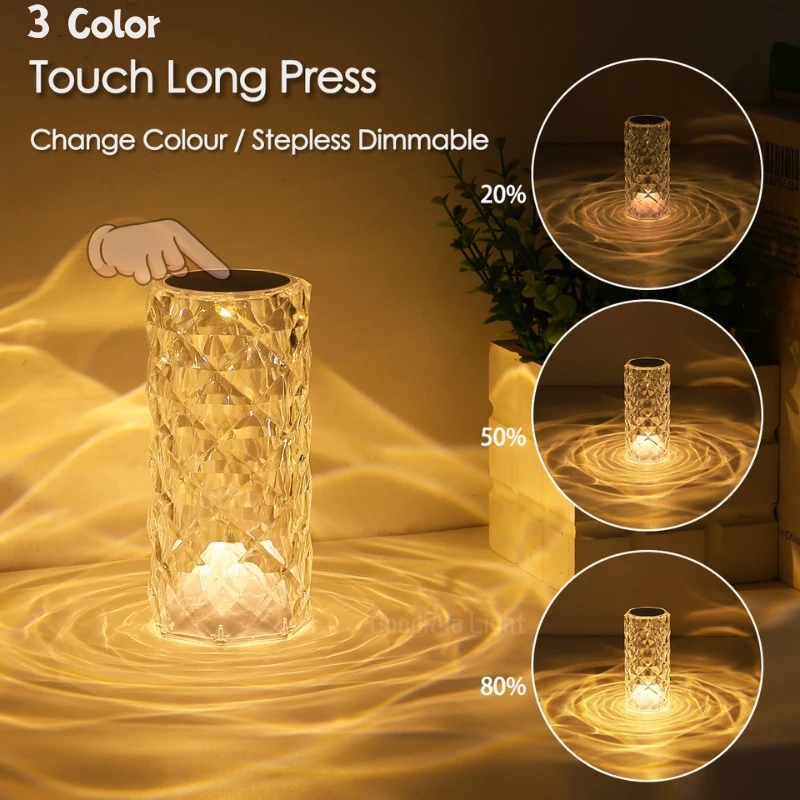 3/16 Colour LED Crystal Table Lamp Rechargeable Touch Rose Romantic Night Lamp Bedroom Bedside Lamp Living Room Bar Decoration