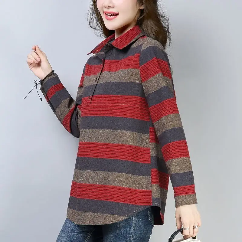 Spring Autumn Elegant Fashion Harajuku Tops Women All Match Loose Casual T-shirts Stripe Patchwork Cotton Long Sleeve Tops Lady