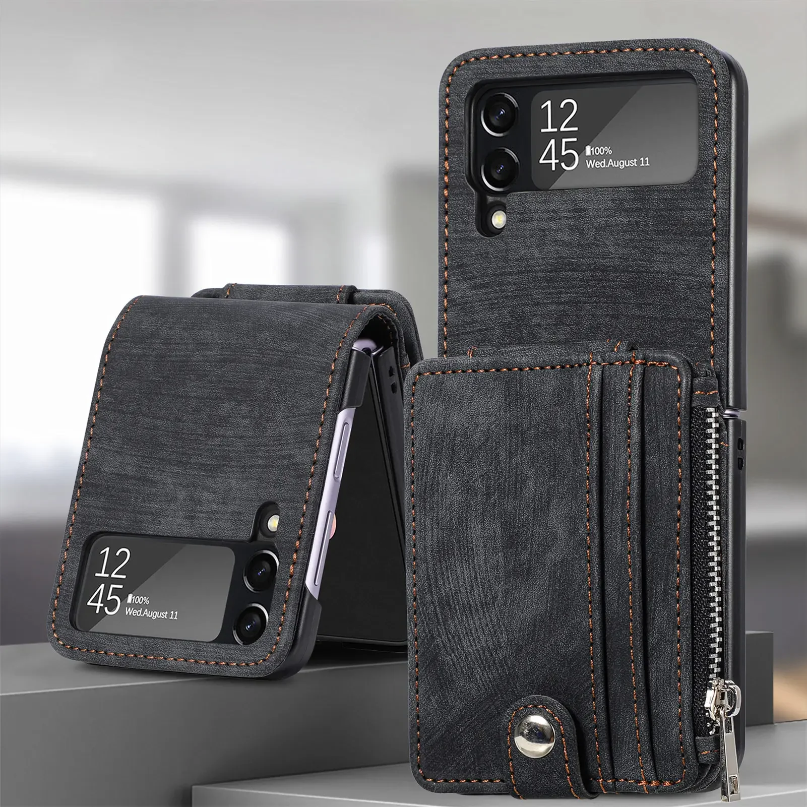 Versatile Retro Leather Zipper Wallet Folding Phone Case with Card Holder