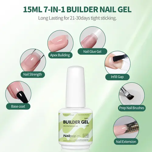 Nailpop Builder Nail Gel 4 Colors Base Coat Strengthener Thickening Extension Rhinestone Glue Gel Polish Brush in Bottle 15ml - Image 3
