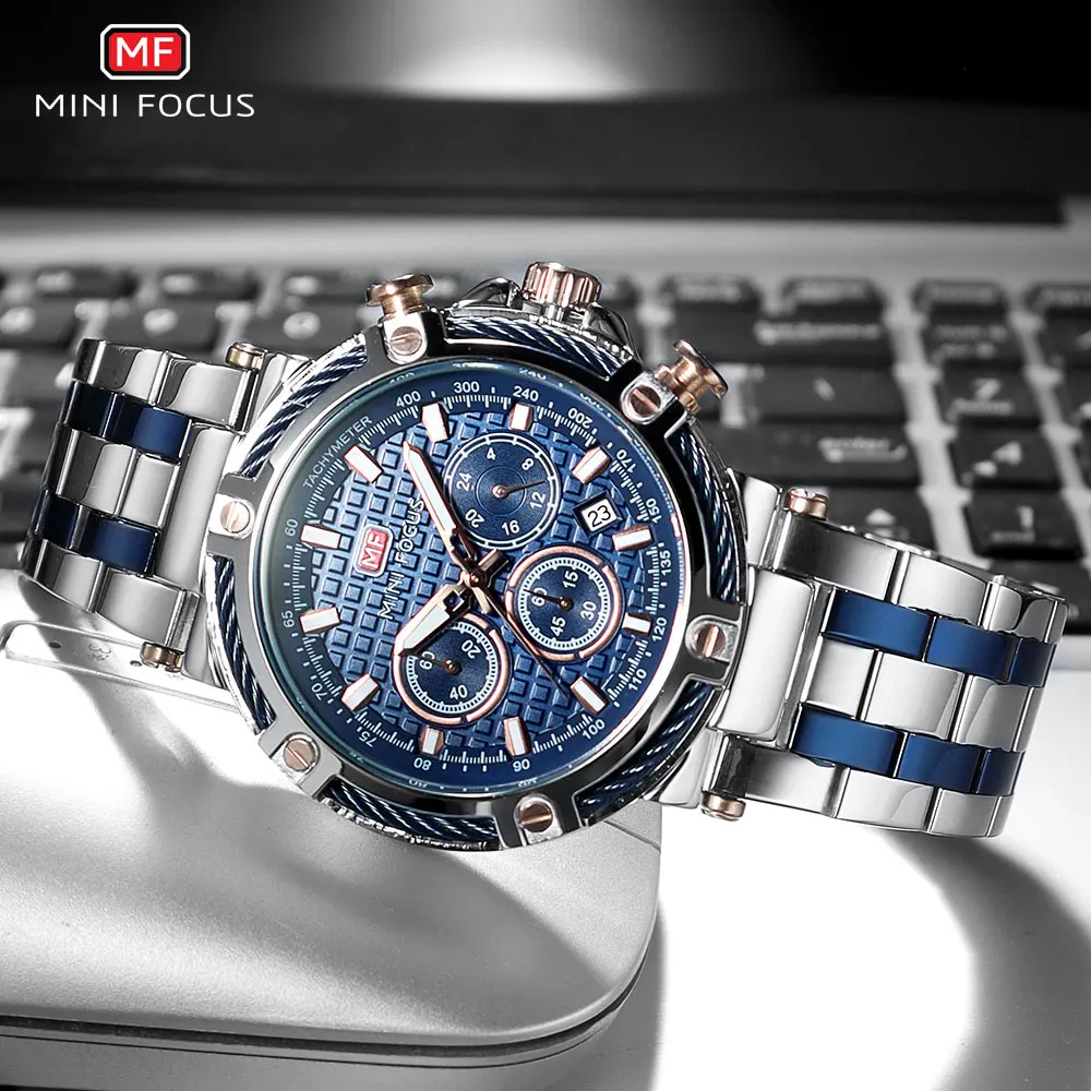 MINI FOCUS Analog Quartz Dress Watch Men Silver Blue Stainless Steel Band Chronograph Luminous Wristwatch with Date 24-hour 0470 2