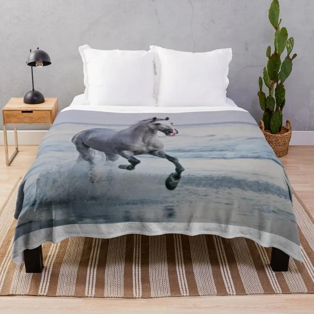 

Stallion Galloping on The Beach Throw Blanket Travel Thin Blankets