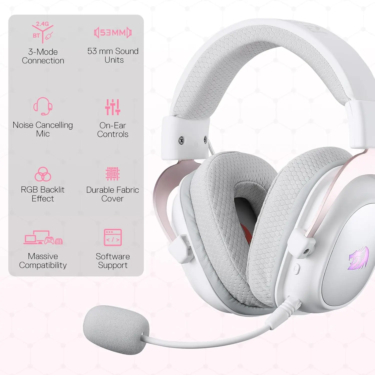 Redragon H510 PRO 3-Mode RGB Gaming 7.1 Surround Sound Headset 53MM Audio Drivers Memory Foam Ear Pads Headphone