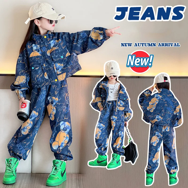 

Girls Clothing Jackets Jeans Outfits Full Print Cartoon bear denim suit Casual Pants Two Pieces Sets 2023 Hot Boys Children wear
