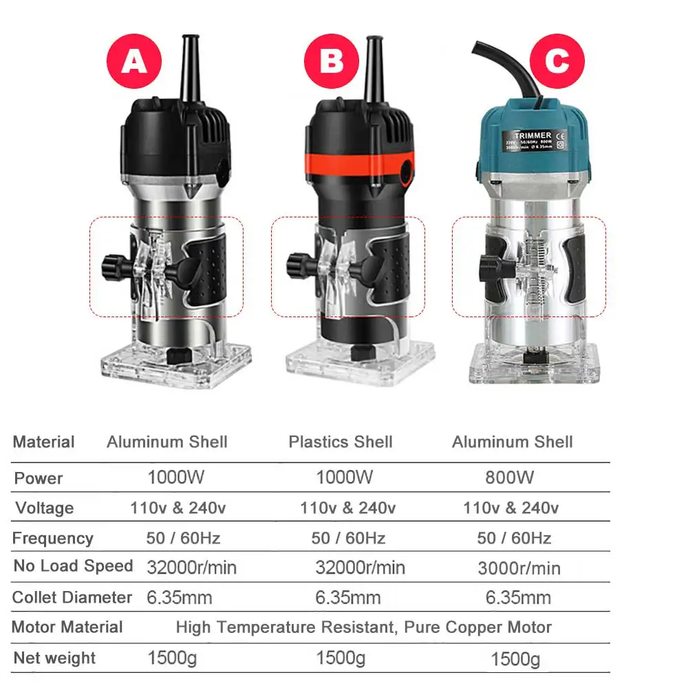 1000W Woodworking Electric Trimmer 32000RPM Wood Engraving Slotting Trimming Machine Carving Router Slotting With Milling Cutter 6