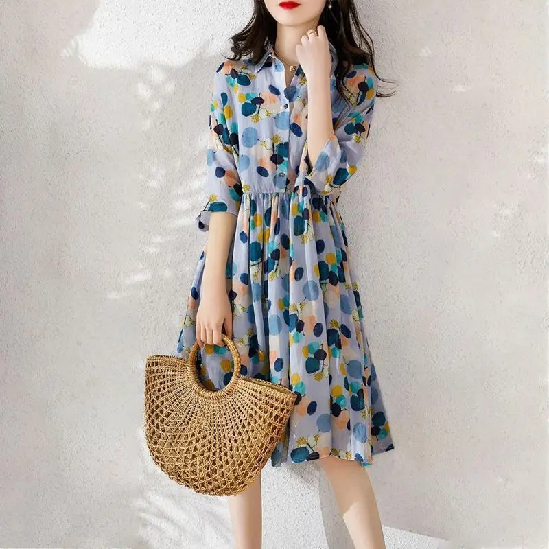 

New Print Summer Dress Women's Korean Version Lapel Polka Dot Temperament Pleated Five-sleeve Over-knee Dress for Women Vestidos