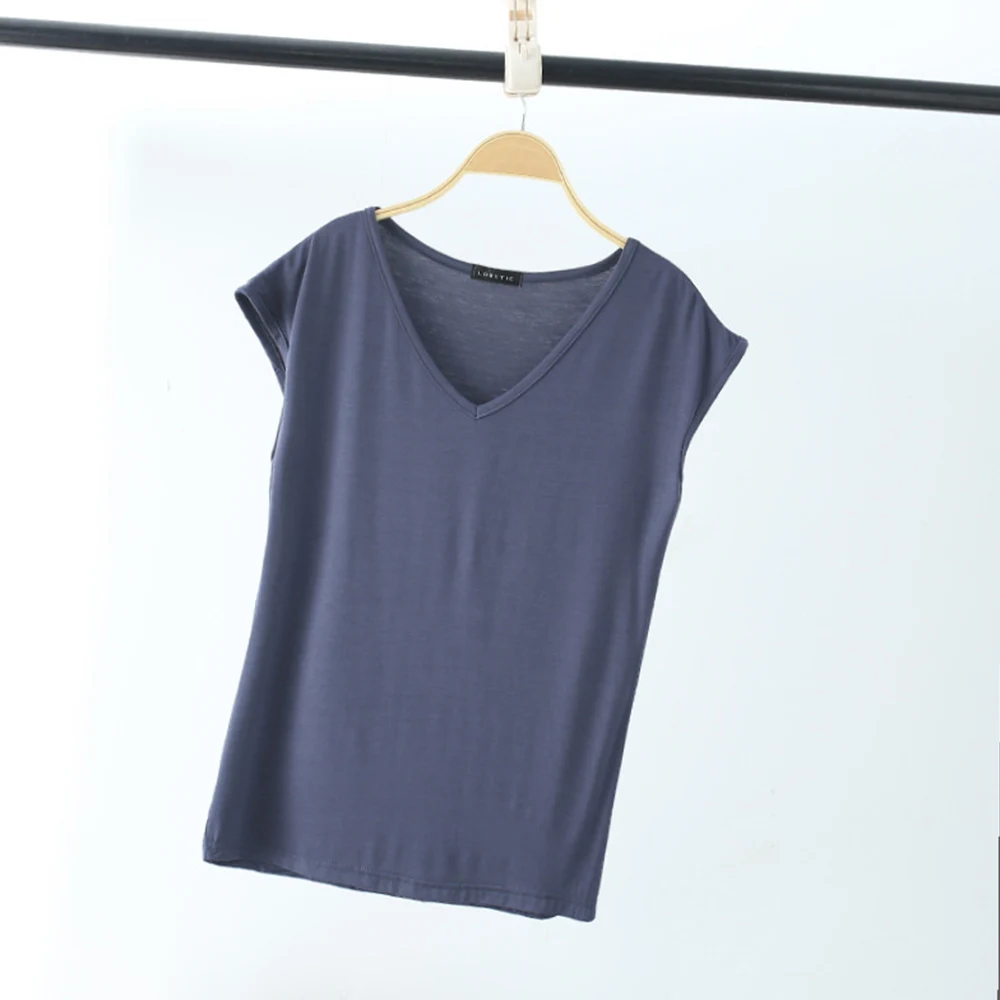 Women T Shirt Summer Loose Tee Tops Casual Undershirt Solid Color V Neck Basic Tshirt Comfortable Pullover 2023 New High226_voghion.com