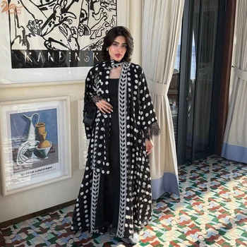 Zahraa New Muslim Polka Dot Printing Chiffon Abaya Fashion Lace Sleeve Hijab Clothing Women Open Kaftan 1