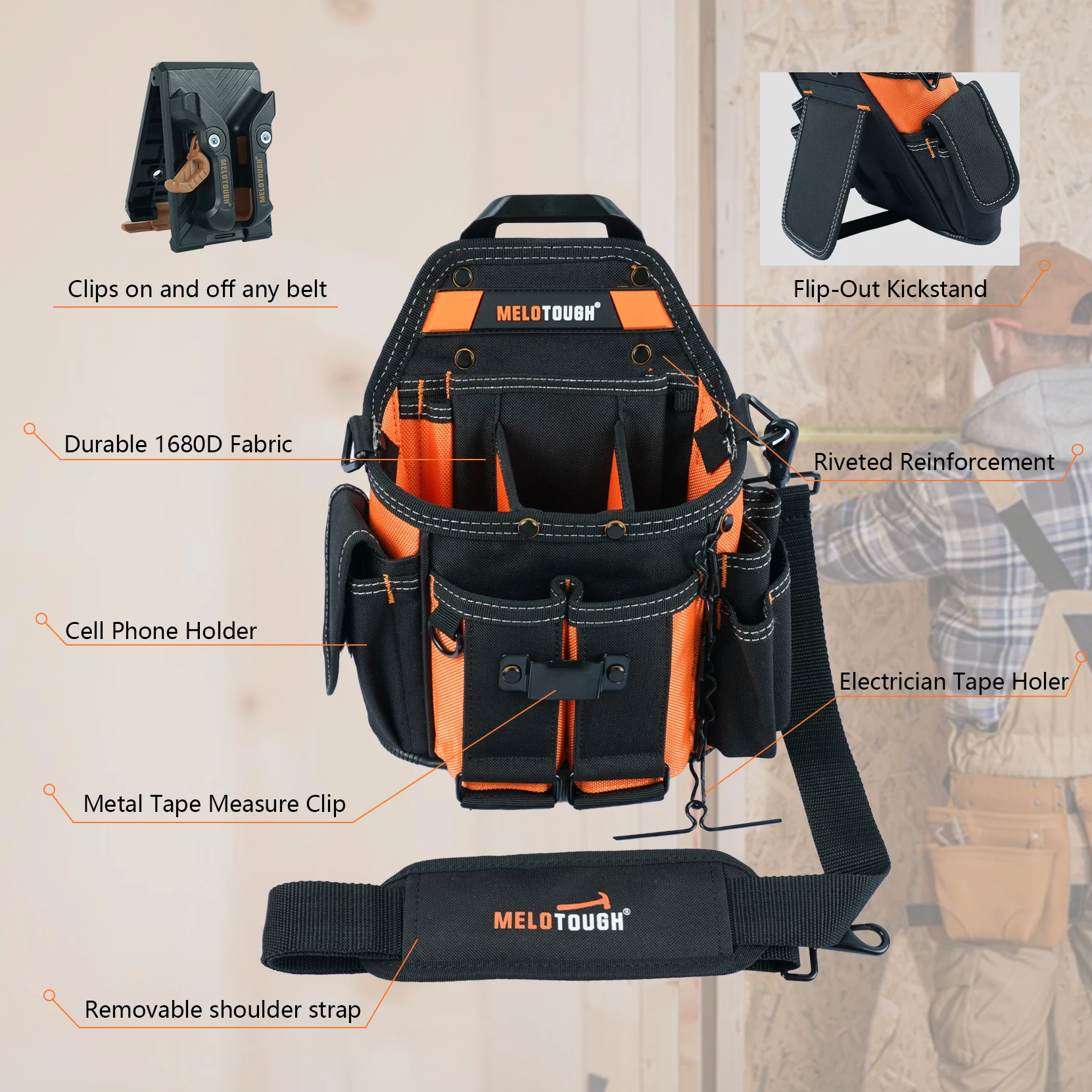 MELOTOUGH Electrician's Tool Bag with Shoulder Strap Professional 15 Compartment Tool Bag Quick Load Tool Bag 3