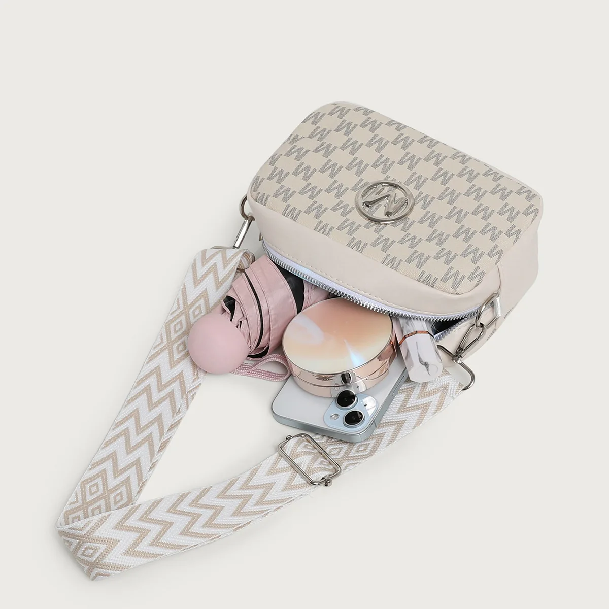 Retro M Pattern Design Female Crossbody Bag, Stylish Ladies Shoulder Bag, Wide Strap Phone Coin Purse for Women Work Party Date