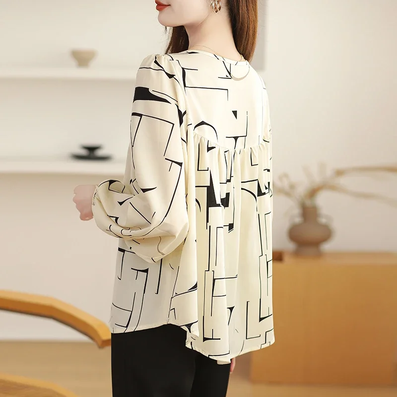 Chiffon Women's Shirt Summer Printed Vintage Blouses Loose Long Sleeve Women Tops O-necks Fashion Clothing 2024 Korean