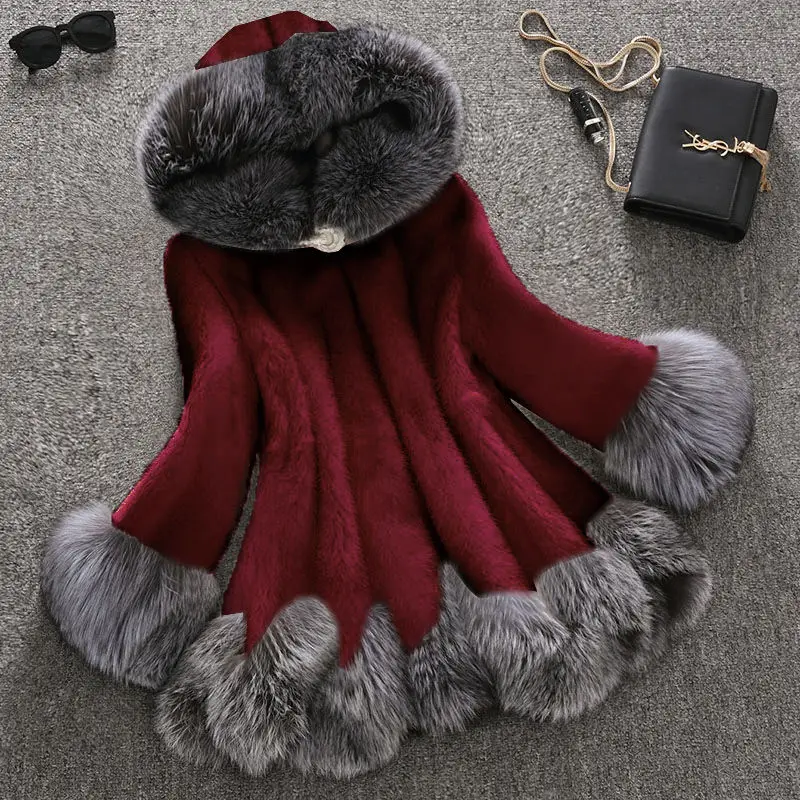 Faux Fur Coat Women's Autumn and Winter Mink Fur Coat Fox Collar Hooded Jacket Top Fur Women's Autumn and Winter Faux Fur Coat