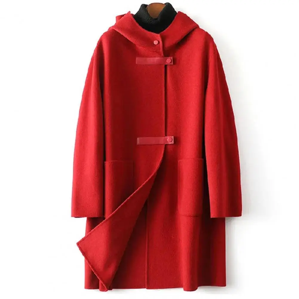 

Women Winter Coat Long Sleeves Single-breasted Hooded Solid Color Pockets Warm Double Side Cashmere Wool Lady Overcoat