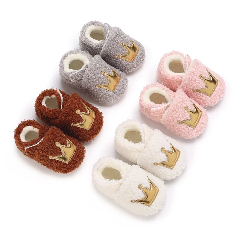 Suefunskry Baby Girl Boy Warm Shoes Crown Patch Fleece First Walking Shoes Soft Sole Crib for Fall Winter