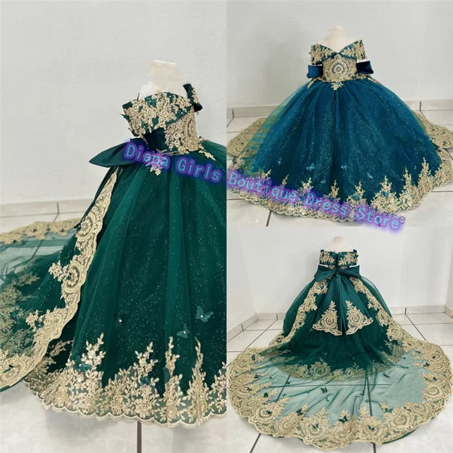 Gorgeous Green Flower Girls Dress Wedding Dresses Off The Shoulder Gold Appliques Kids Birthday Party Dresses Evening Gowns 1