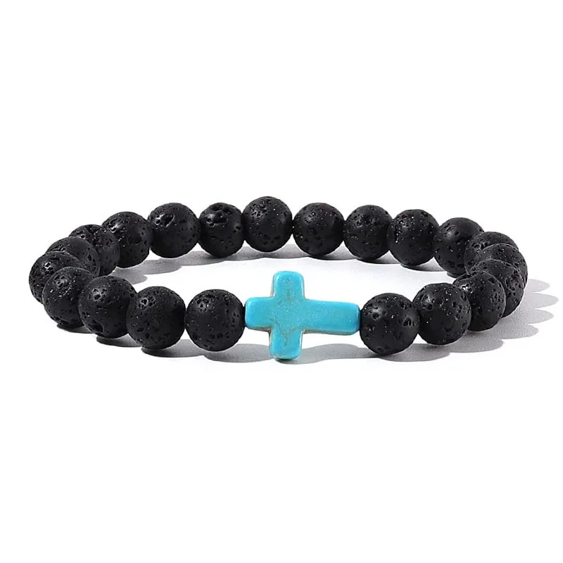 Natural Stone Beaded Cross Bracelet Onyx Hematite Meditation Prayer Yoga Jewelry