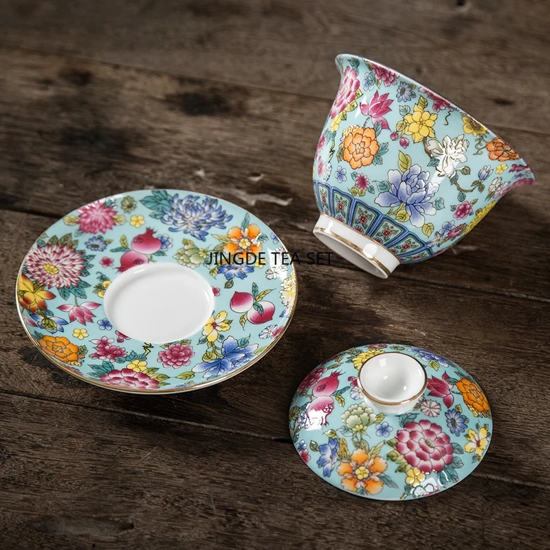 150ml Palace Luxury Enamel Ceramic Cover Bowl Hand drawn Flower Pattern Travel Tea Set