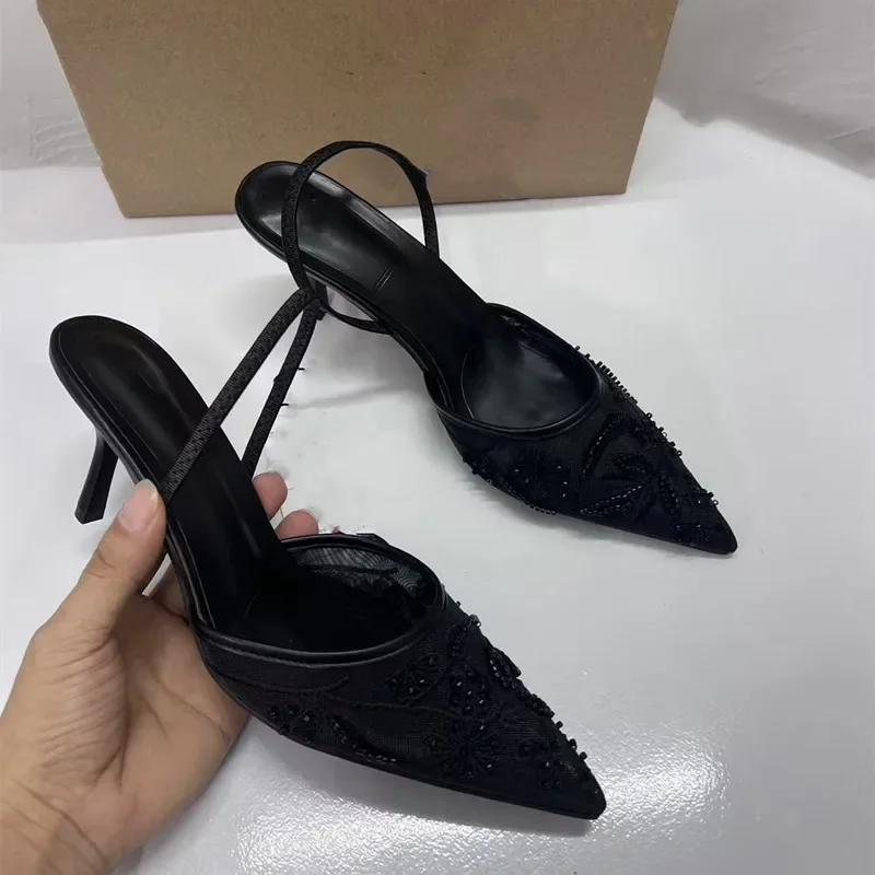 Women Embroidered Mesh Bead String Shoes Black Fashion Print Stiletto Women Slingback Pumps Sexy Pointed End Woman Sandals