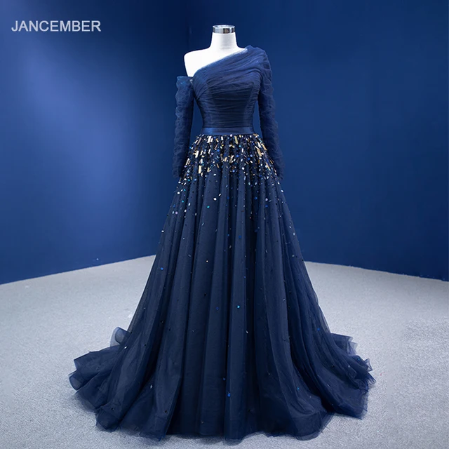 Navy Blue Prom Dresses 2022 Long Sleeve a Line Shiny Tulle Party Dress RSM67556 Robe De Soirée Femme 1