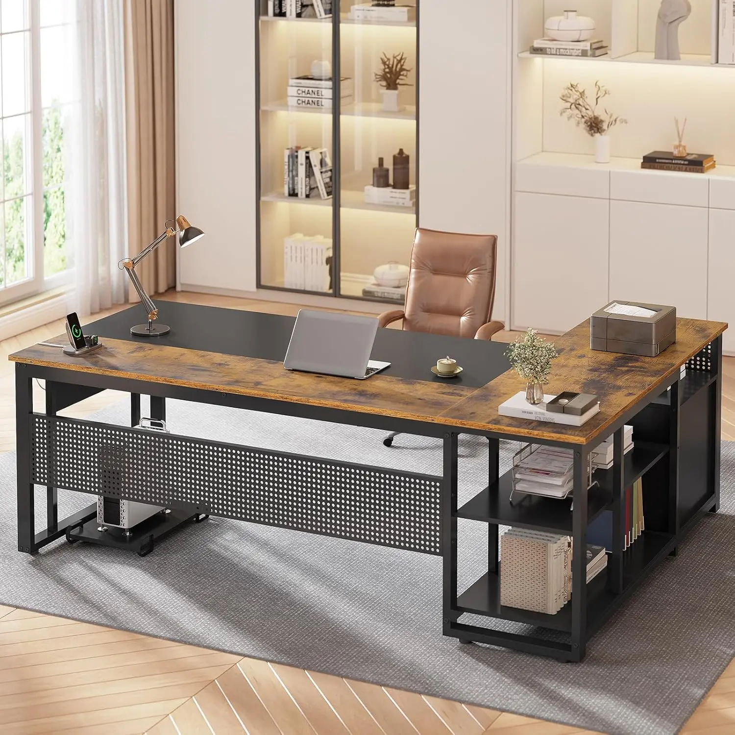 71" Reversible L-Shaped Executive Desk w/Power Outlets & Pegboard - File Drawers, Storage Shelves & Mobile CPU Stand