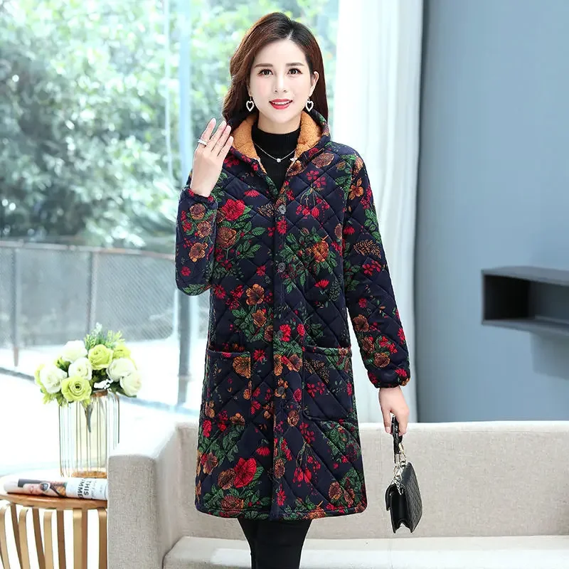 Winter Women's Clothing Mid-length Cotton Coat Korean Fashion Fleece Thickened Cotton Clothing Plus Size Printing Keep Warm