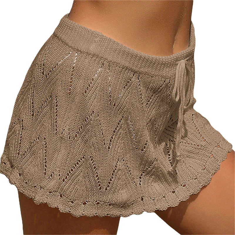Falda de playa para mujer, de verano, de color liso, con cordón, de cintura alta, de punto, minifalda, traje de baño informal