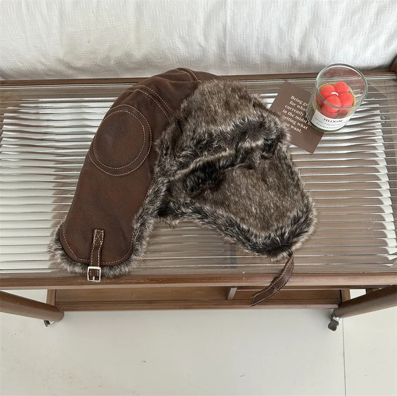 Winter Hat Korean Version Retro Plush Pilot Bomber for Men and Women Ins Thickened Warm Windproof Ski