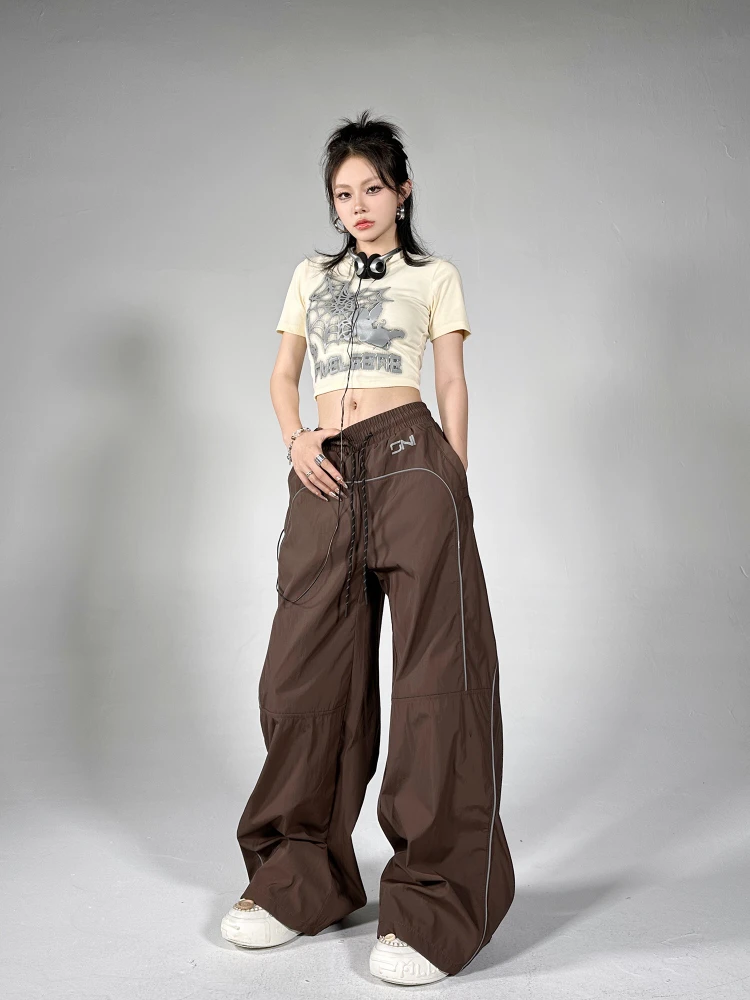ADAgirl Women's Palazzo Pants Streetwear Fashion Reflective Stripe Jogger Wide Leg Trousers Y2k Baggy Sweatpants Female Pantalon