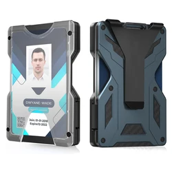 Sleek Aluminum Money Clip Wallet - Minimalist Design with Transparent ID Holder, Fits 15 Cards & Cash (Blue)