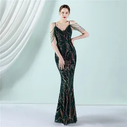 Luxury Mermaid Evening Dress Sparkling Sequins Beading Robe De Mariée Spaghetti Strap Sleeveless Pageant Guest Party Prom Gown