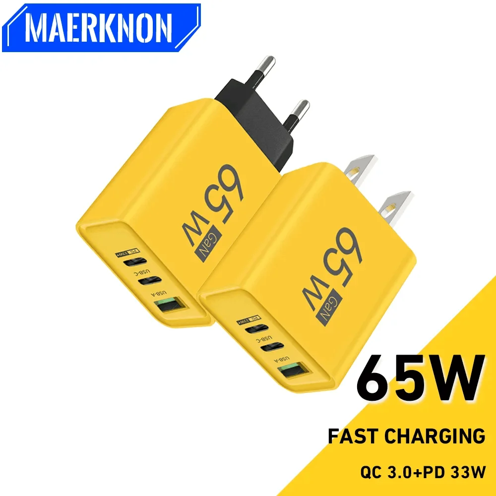 65W GaN USB PD Charger 3 Ports Type C Fast Charging Mobile Phone Adapter For iPhone 15 Samsung Xiaomi Quick Charge wall charger