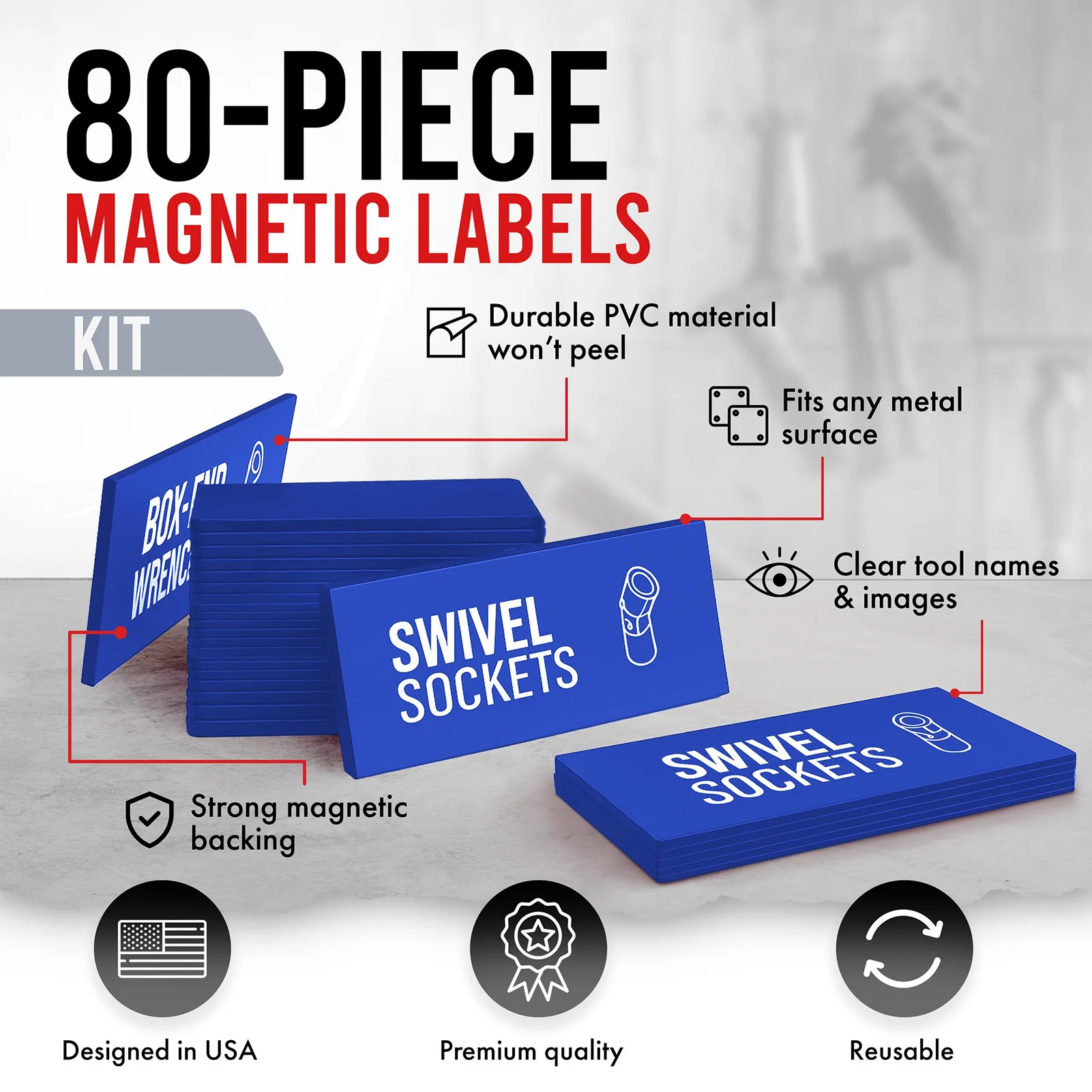 80개 자석식 공구 라벨 세트, 공구 정리용 강력 자석, 공구함 작업대 금속 표면에 사용 가능