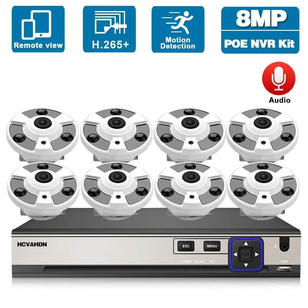 

4K POE CCTV Fisheye Security Camera System Kit 8CH POE NVR Set Outdoor Waterproof 360 Panoramic IP Camera Video Surveillance Kit