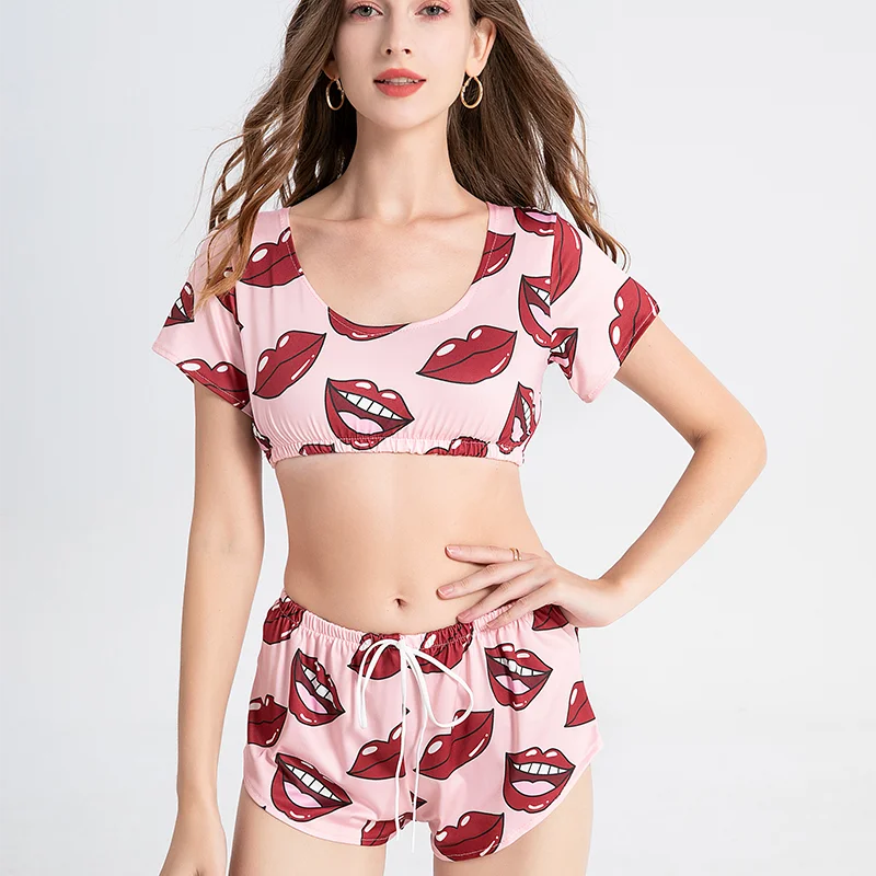 Summer Female Sleepwear Suit Pajamas 2pcs Top + Pants Women Homewear Underwear